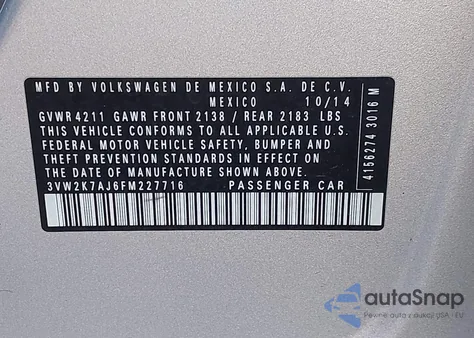 2015 Volkswagen Jetta 2.0L S из США, поврежденный, VIN 3VW2K7AJ6FM227716